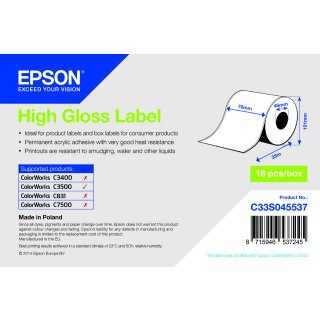 ORIGINAL Epson Etiketten  High Gloss Label C33S045537 High Gloss Label, Rolle, 76mm x 33m, VE=1